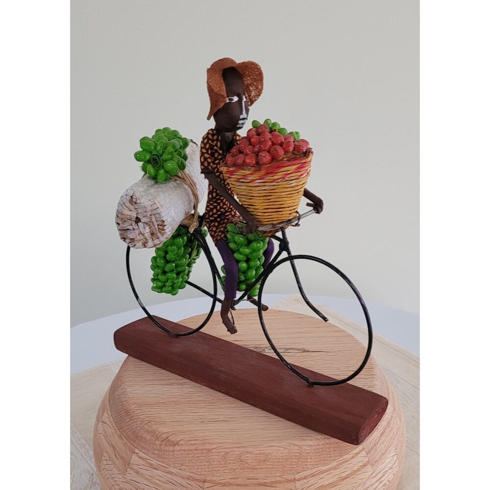 VINTAGE! Handmade Collectable African Folk Art Banana Farmer Bike Sculpture-8X8"